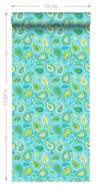 Tapetenrolle mit blauem Hintergrund und Paisleymuster, 53 cm breit, 10,05 m lang