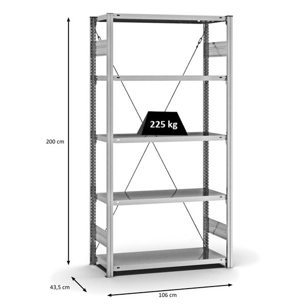 PROREGAL Fachbodenregal Stecksystem T-Profil Medium-Duty Grundregal HxBxT 200 x 100 x 40 cm 5 Ebenen Fachlast 225 kg Einseitig Nutzbar Verzinkt