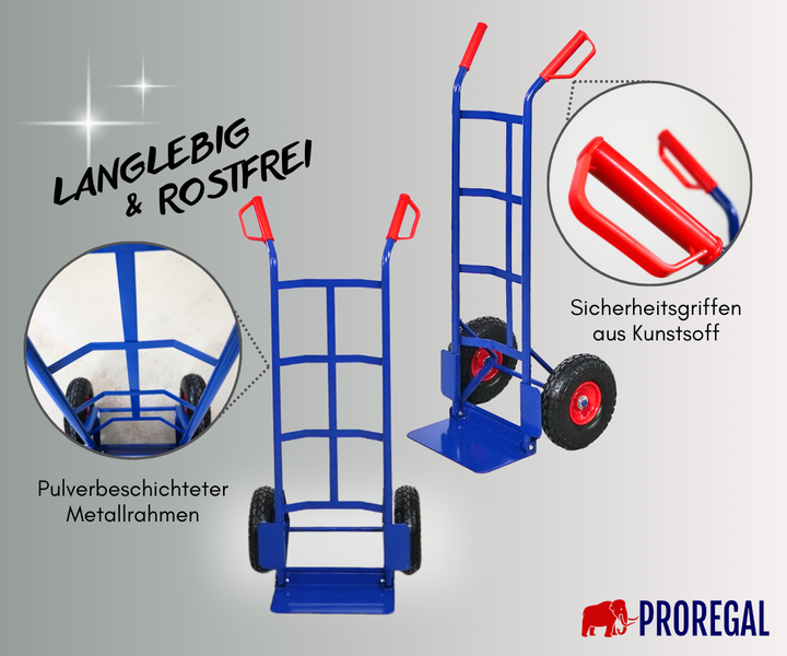 Sackkarre aus pulverbeschichtetem Metall mit Sicherheitsgriffen aus Kunststoff, langlebig und rostfrei, Proregal Logo.