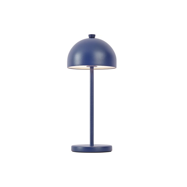 Blaue LED-Tischleuchte mit pilzförmigem Schirm und rundem Sockel, kabellos.