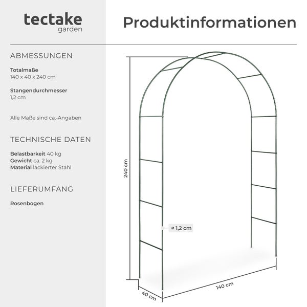 Technische Zeichnung eines Rosenbogens aus lackiertem Stahl von Tectake mit Maßangaben von 140 mal 40 mal 240 Zentimetern.
