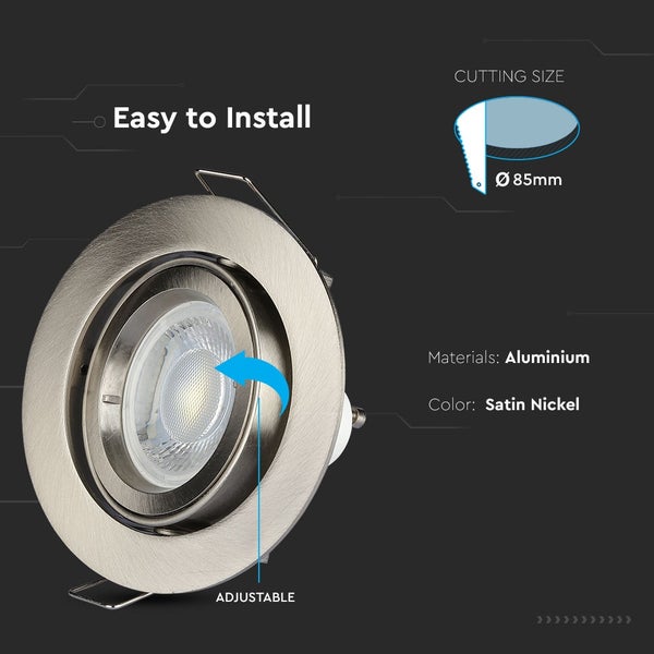Schwenkbarer LED-Einbaustrahler aus Aluminium in Nickel Satin mit einem Ausschnittmaß von 85 Millimeter Durchmesser.