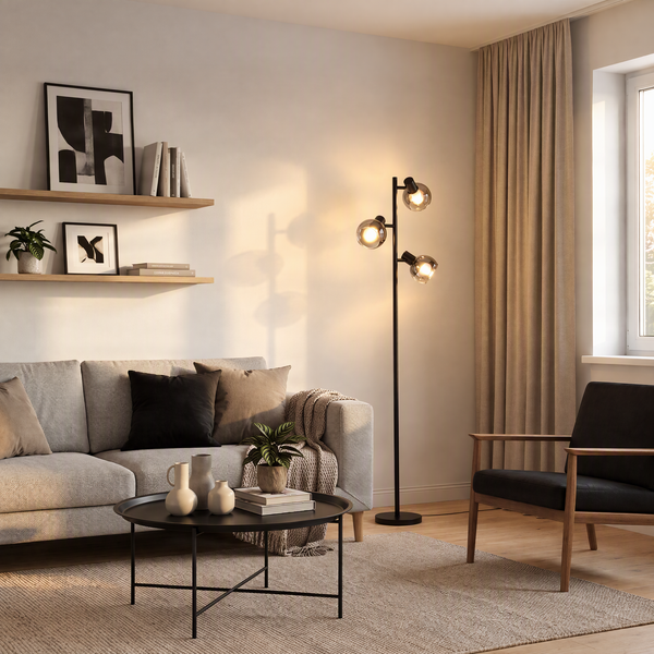 Wohnzimmer mit Sofa, Couchtisch, Sessel und moderner dreiflammiger Stehlampe in einem hellen, gemütlich eingerichteten Raum.