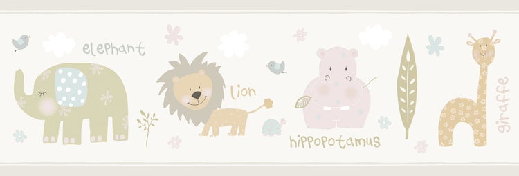 Bordüre mit Tiermotiven: Elefant, Löwe, Nilpferd und Giraffe
