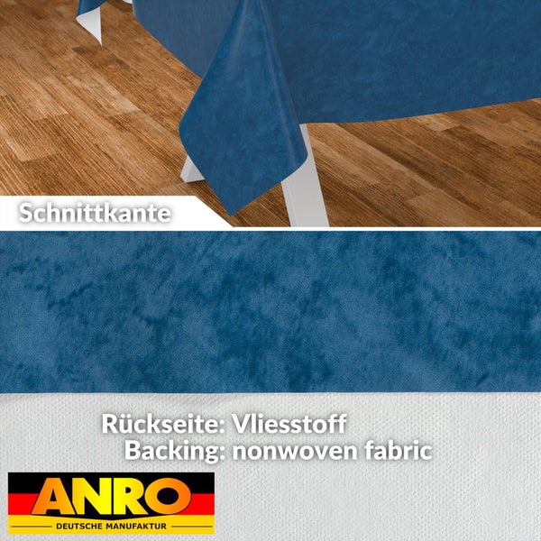 Blaue Tischdecke mit Schnittkante und Vliesstoff-Rückseite, ANRO Logo.