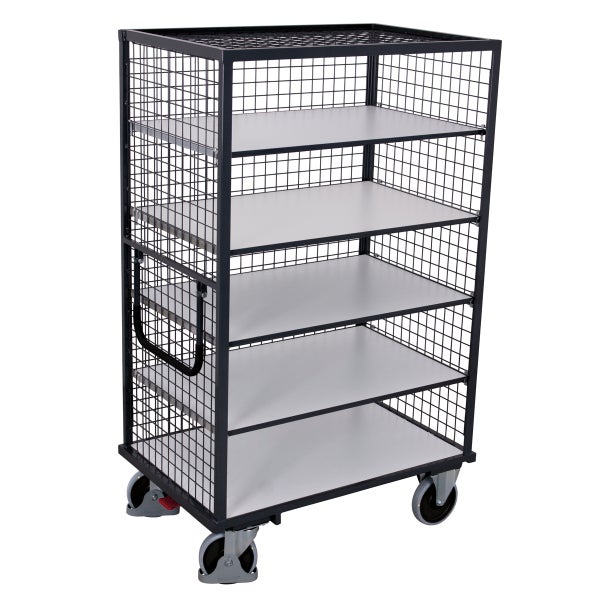 Rollregal mit fünf Ablageflächen, Drahtgitterstruktur und Rollen