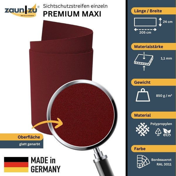Zaun zu Premium Maxi Sichtschutzstreifen aus Polypropylen, 205 x 24 cm, Materialstärke 1,1 mm, Gewicht 850 g/m², Made in Germany
