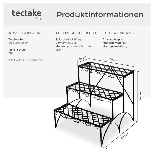 Blumentreppe tectake Michelle 60 x 60 x 60 cm mit 3 Stufen schwarz