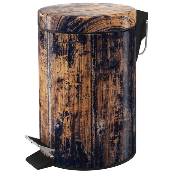 Treteimer mit rustikalem Holzdekor, schwarzem Fußpedal und Deckel.