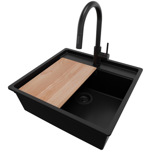 PRIMAGRAN Unterbauspüle Granit Alles Schwarz 56x53cm, Spülbecken 1 Becken + Küchenarmatur 40x20cm + Ablauf-Set + Schneidebrett, Granitspüle ab 60er Unterschrank - Bergen
