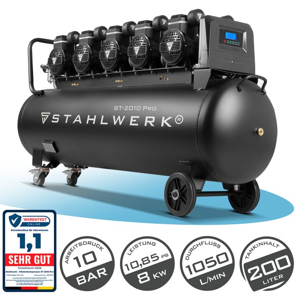 Stahlwerk ST-2010 Pro Flüsterkompressor mit Produktsiegeln und technischen Daten