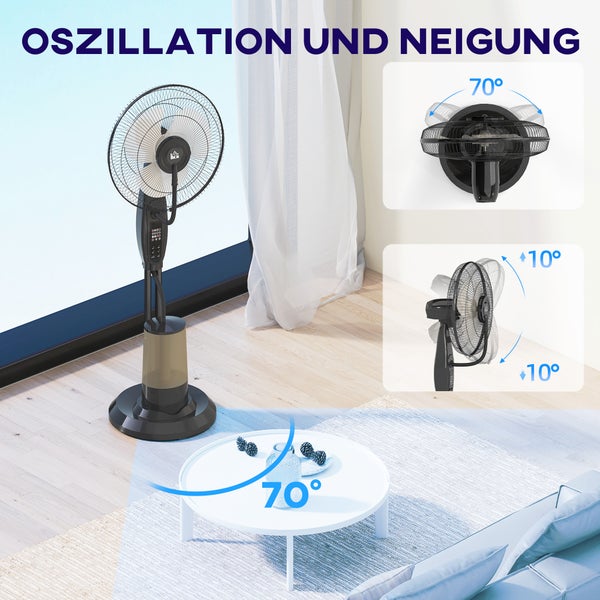 Sprühnebel-Standventilator im hellen Wohnzimmer mit Diagrammen zur 70 Grad Oszillation und 10 Grad Neigung nach oben und unten.