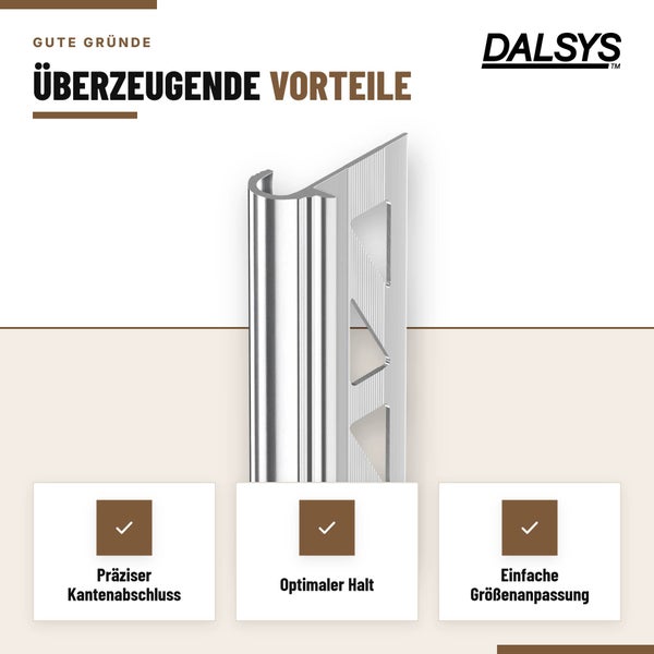 Dalsys Fliesenprofil aus Metall zur Kantenabdeckung, korrosionsbeständig und belastbar.