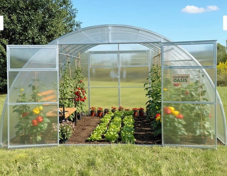 Gewächshaus mit geöffneten Türen und Gemüsebeeten im Inneren