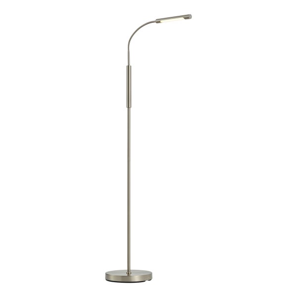 LED Stehleuchte aus Metall, Leselampe mit flexiblem Arm, rundem Standfuß und schmalem Leuchtkopf.
