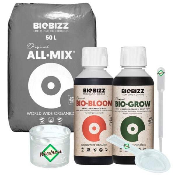 Biobizz Gärtner-Set bestehend aus All-Mix Bio-Erde, Bio-Bloom Flüssigdünger, Bio-Grow Flüssigdünger, Messbecher, Messlöffel und Pipette.