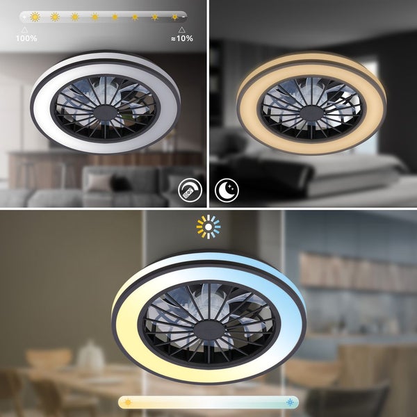 Deckenventilator mit LED-Ring, dimmbar von 100 bis circa 10 Prozent, einstellbare Farbtemperatur und Nachtmodus-Funktion.
