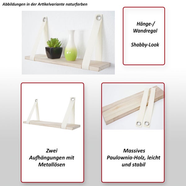 Wandregal im Shabby-Look mit zwei Aufhängungen und Metallösen aus massivem Paulownia-Holz