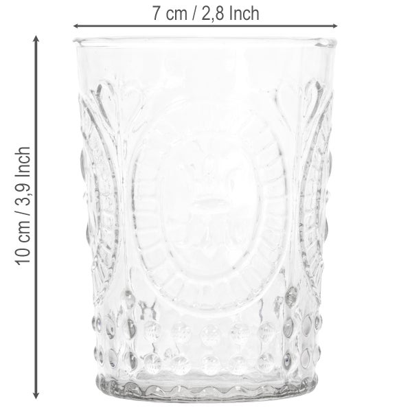 Zahnputzbecher aus Glas mit Reliefmuster, Höhe 10 Zentimeter, Durchmesser 7 Zentimeter.
