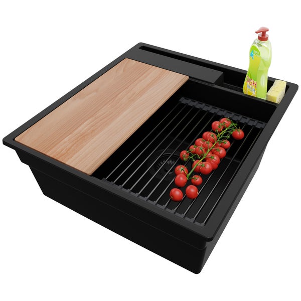 PRIMAGRAN Granitspüle Weiß 58x53cm, Spülbecken 1 Becken + Küchenarmatur 32x20cm + Ablauf-Set + Küchenzubehörset, Küchenspüle ab 60er Unterschrank - Oslo Max