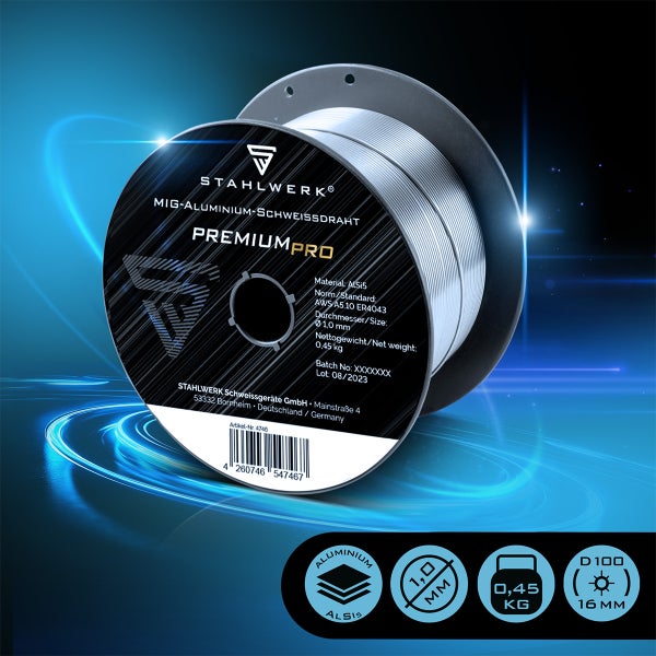 Stahlwerk Aluminium-Schweißdraht AlSi5 PremiumPro, Durchmesser 1,0 Millimeter, 0,45 Kilogramm Spule, Typ D100, für MIG-Schweißen.