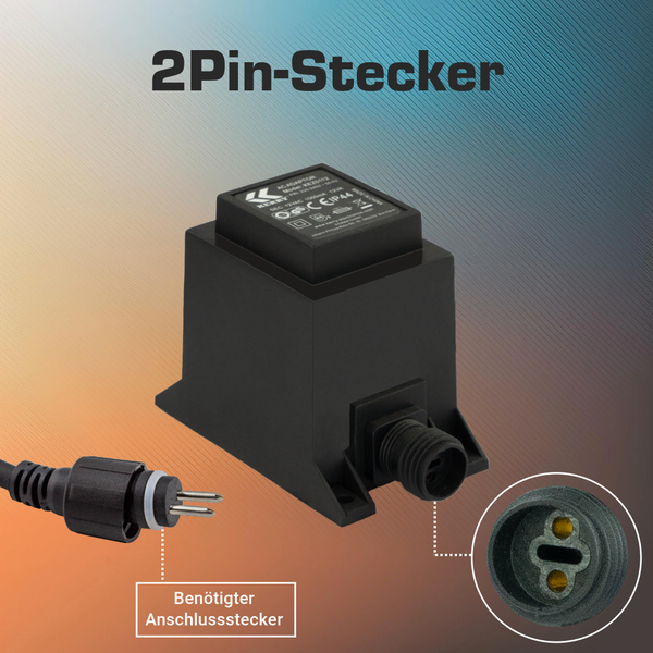Schwarzer Netzadapter Transformator mit 2-Pin-Stecker Anschluss und Detailansicht der Buchse.