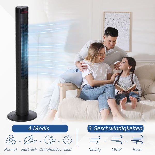HOMCOM 3 leise Geschwindigkeitsstufen Turmventilator mit Fernbedienung, Säulenventilator mit Timer-Funktion, 45 W Standventilator, Vier Modi, 70° Oszillation, ABS, Schwarz, Ø31,5 x H117 cm