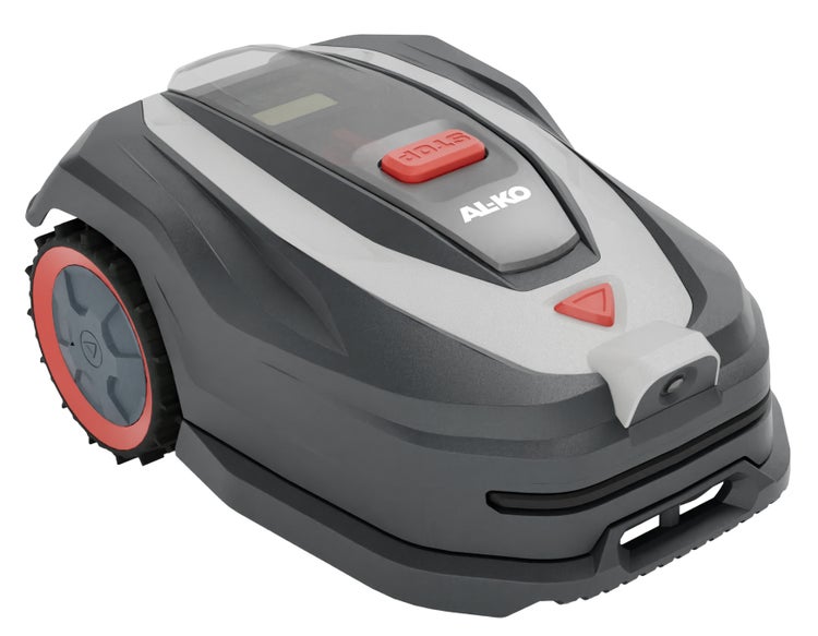 Grauer AL-KO Mähroboter Robolinho zur automatischen Rasenpflege mit AL-KO Logo, roter Stopp Taste und Displayabdeckung.