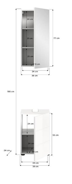 Maßzeichnung Badezimmerschrank mit Hängeschrank und Unterschrank, Höhe 190 Zentimeter, Breite 38 Zentimeter, Tiefe 34 Zentimeter.