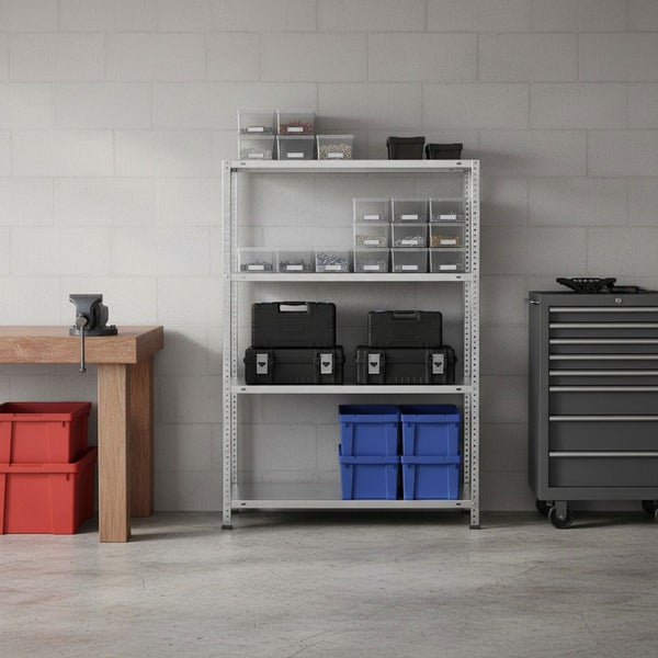 Organisierte Werkstatt mit Metallregal, Werkzeugkoffern, Holzwerkbank mit Schraubstock und grauem Werkstattwagen vor einer gemauerten Wand.