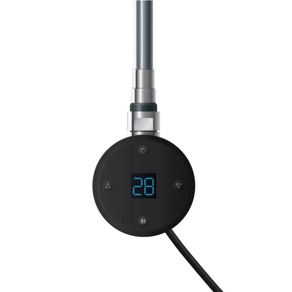 Schwarzer Elektro-Handtuchwärmer mit horizontalen Heizstäben und digitaler Steuerung.