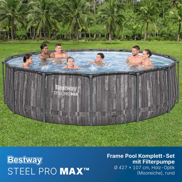 Bestway Steel Pro Max Frame Pool Komplett-Set, Mooreiche-Optik, rund, Durchmesser 427 Zentimeter, Höhe 107 Zentimeter, Garten mit badenden Personen.