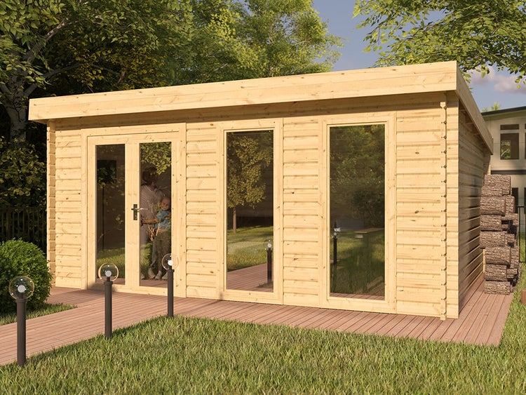 Modernes Gartenhaus aus Holz mit Pultdach, Doppeltür und bodentiefen Fenstern auf einer Holzterrasse im Garten.