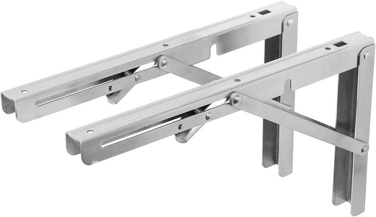 Zwei klappbare Regalkonsolen aus Metall zur Wandmontage für platzsparende Regale.
