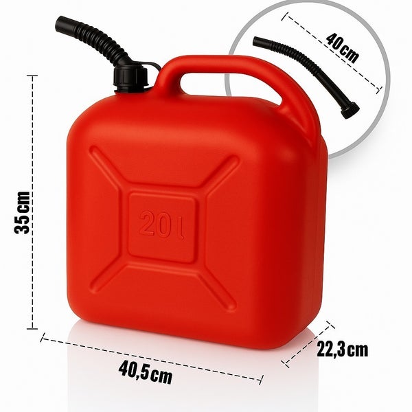 Kraftstoffkanister aus Kunststoff mit 20 Liter Fassungsvermögen inklusive Ausgießer und Maßangaben in Zentimeter