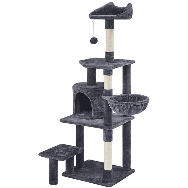 Grauer Kratzbaum mit mehreren Ebenen, Katzenhaus, Hängematte und Spielball
