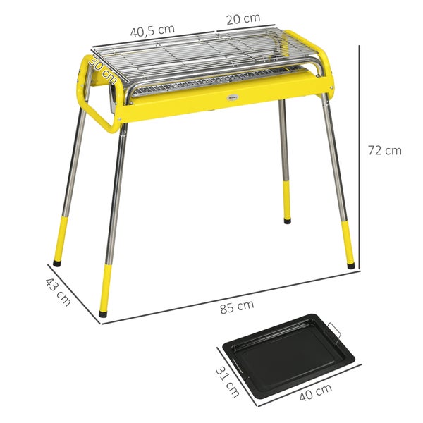 Outsunny Holzkohlegrill, BBQ Grill, klappbare Beine, herausnehmbare Kohleschale, Edelstahl, 85 x 43 x 72 cm, Metall, Edelstahl, Gelb
