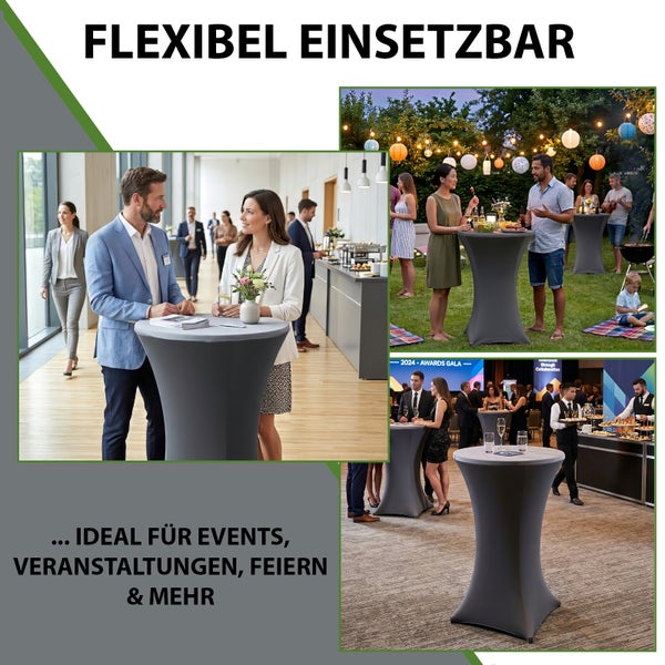 Stehtisch mit grauer Stretchhusse in verschiedenen Szenarien wie Business-Event, Gartenparty und Gala. Flexibel einsetzbar für Veranstaltungen.