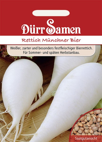 Samentüte Rettich Münchner Bier von Dürr Samen mit Abbildung weißer Rettiche und Detailansicht der Samen.