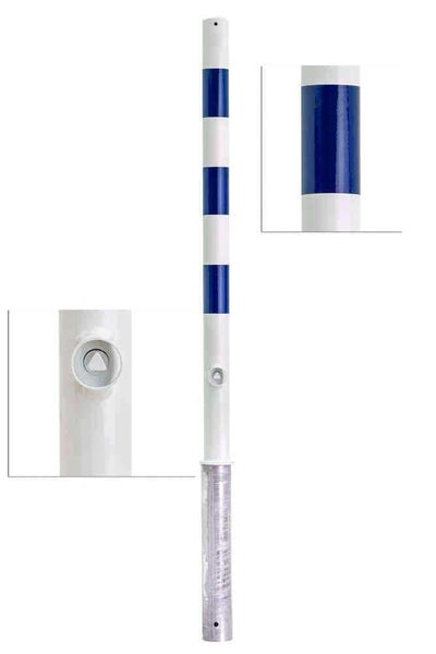 Absperrpfosten Stahl Ø60mm verzinkt + Pulverbeschichtung, herausnehmbar Dreikant 3 Reflexfolien / weiß / blau / Ohne Ösen