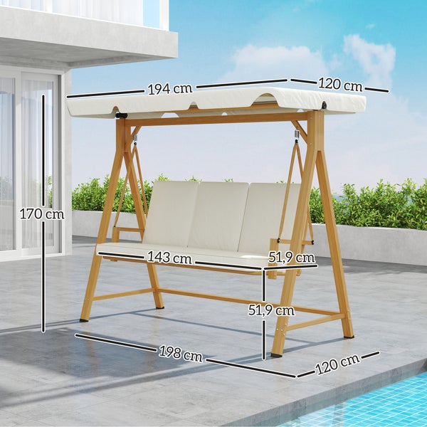 Outsunny Hollywoodschaukel mit verstellbarem Sonnendach Sitzauflage, Holzoptik 3-Sitzer Gartenschaukel belastbar bis 330kg, Schaukelbank für Garten, Terrasse 198 x 120 x 170cm, Beige