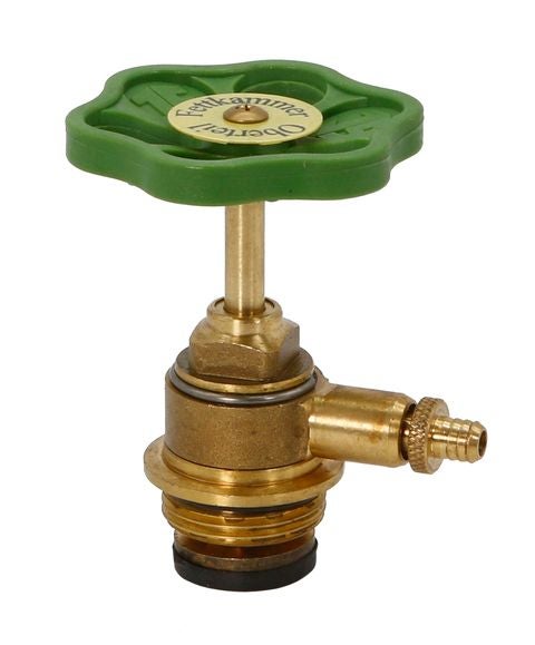 Fettkammer-Oberteil aus Messing mit grünem Handrad und Entleerungsventil für Wasserarmaturen.