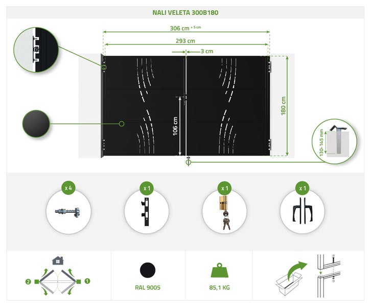Nali Veleta 300B180 Garagentor mit Maßangaben und Details zu Zubehör