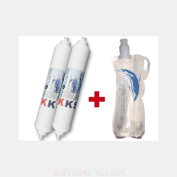 Set bestehend aus zwei zylindrischen Wasserfilterkartuschen und einer faltbaren Trinkflasche mit Filtrotech Logo