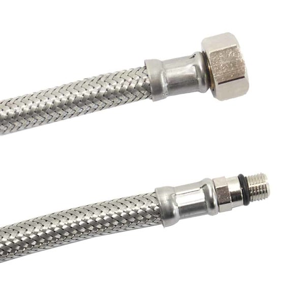 Flexibler Anschlussschlauch aus Edelstahlgeflecht mit Überwurfmutter und Gewindeanschluss mit O-Ring.