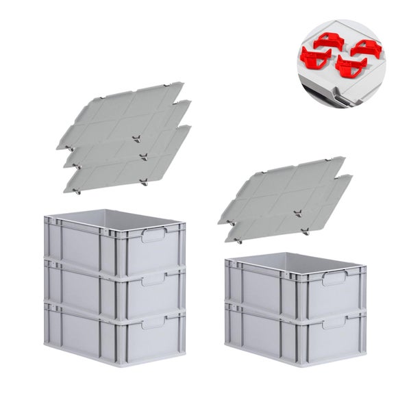 PROREGAL Spar Set 5x Eurobox Nextgen Economy Mit Auflagedeckel & 4x Schiebeschnappverschlüsse Rot Griffe Geschlossen HxBxT 22 x 40 x 60 cm 44 Liter