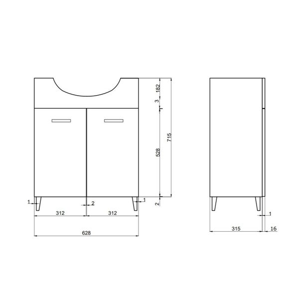 Technische Zeichnung eines Waschtischunterschranks mit Maßangaben
