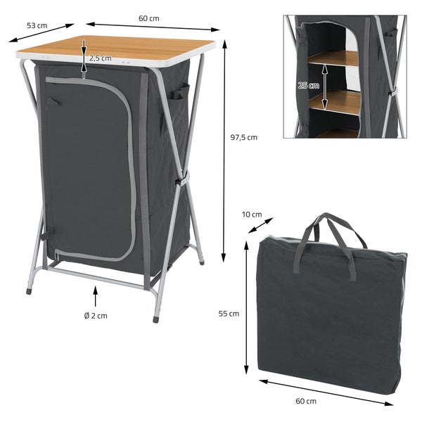 ECD Germany Campingschrank faltbar Holzoptik-Schwarz, 60x97,5x53cm, Campingküche mit Aluminiumgestell, Küchenbox tragbar mit Arbeitsplatte, 3 Ablagen, Tragetasche, Outdoorschrank Faltschrank aus Stoff