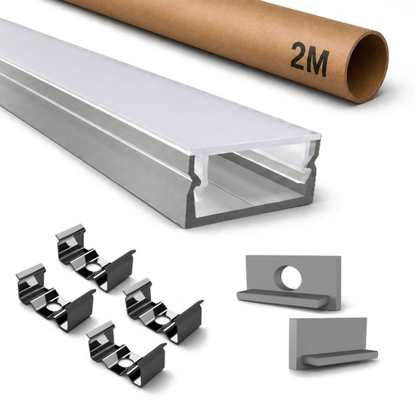 Aluminium LED Profil Set zwei Meter Länge mit Abdeckung, Befestigungsclips und Endkappen für LED Streifen