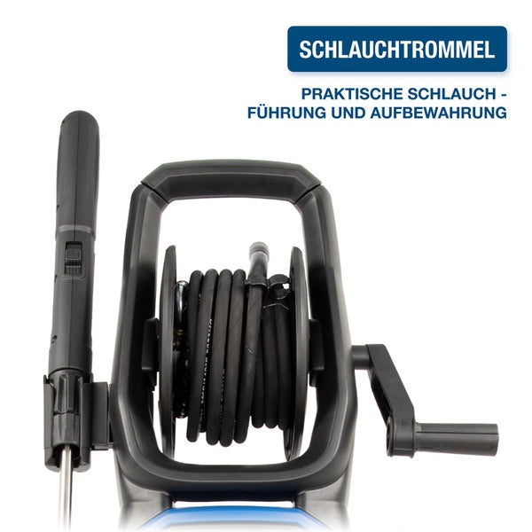 Integrierte Schlauchtrommel für Hochdruckreiniger mit Handkurbel zur praktischen Schlauchführung und Aufbewahrung.
